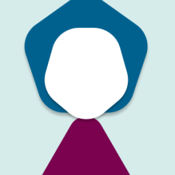 Ein geometrischer Avatar mit weißem, leerem Gesicht, blauen Haaren und violettem Körper.