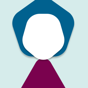 Ein geometrischer Avatar mit weißem, leerem Gesicht, blauen Haaren und violettem Körper.